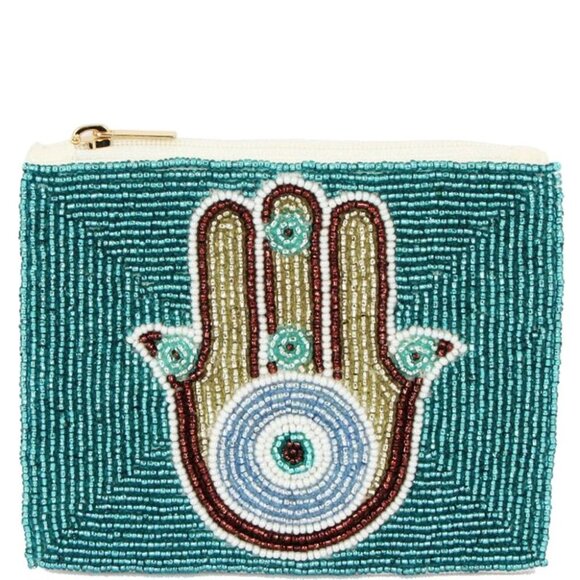 DIONA J FASHION HAMSA EYE HAND FULLY SEED BEADED ZIPPER BAG - Picture 1 of 1